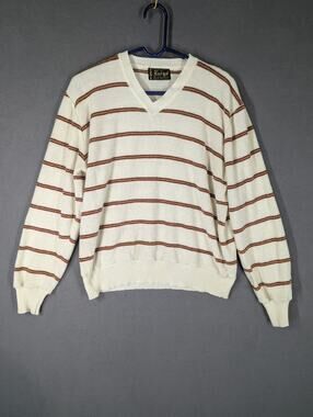Vintage Fargo Sweater Mens Large White Brown Striped Acrylic